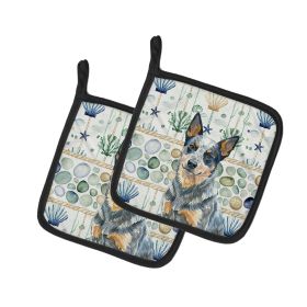 Blue Heeler Australian Cattle Dog Coastal Sea Glass Pair of Pot Holders Pair 7.5x7.5 Quilted Insulated Hot Pads Decorative Kitchen Gift Made in USA