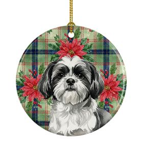 Black and White Shih Tzu Christmas PoinsettIas Ceramic Ornament Christmas Tree Hanging Decorations for Home Christmas Holiday, Party, Gift, 3 in, Mult