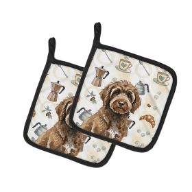 Brown Portuguese Water Dog Coffee Bar Pair of Pot Holders Pair 7.5x7.5 Quilted Insulated Hot Pads Decorative Kitchen Gift Made in USA
