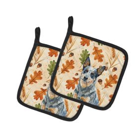 Blue Heeler Australian Cattle Dog Heirloom Fall Pair of Pot Holders Pair 7.5x7.5 Quilted Insulated Hot Pads Decorative Kitchen Gift Made in USA