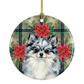 Blue Merle Pomeranian Christmas PoinsettIas Ceramic Ornament Christmas Tree Hanging Decorations for Home Christmas Holiday, Party, Gift, 3 in, Multico