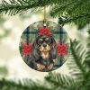 Black and Tan Cavalier Spaniel Christmas PoinsettIas Ceramic Ornament Christmas Tree Hanging Decorations for Home Christmas Holiday, Party, Gift, 3 in