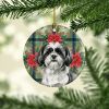Black and White Shih Tzu Christmas PoinsettIas Ceramic Ornament Christmas Tree Hanging Decorations for Home Christmas Holiday, Party, Gift, 3 in, Mult