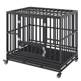 42 Inch Heavy Duty Dog Crate, Indestructible Dog Crate, 3-Door Heavy Duty Dog Kennel for Medium to Large Dogs with Lockable Wheels and Removable Tray,