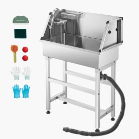 34 Inch Stainless Steel Dog Washing Station, Pet Grooming Tub with Hot & Cold Faucet, Showerhead, Storage Rack, No-Bend All-in-One Bathtub, Home Wash