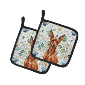 Red Miniature Pinscher Min Pin Coastal Sea Glass Pair of Pot Holders Pair 7.5x7.5 Quilted Insulated Hot Pads Decorative Kitchen Gift Made in USA