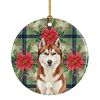 Red and White Siberian Husky Christmas PoinsettIas Ceramic Ornament Christmas Tree Hanging Decorations for Home Christmas Holiday, Party, Gift, 3 in,