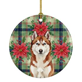 Red and White Siberian Husky Christmas PoinsettIas Ceramic Ornament Christmas Tree Hanging Decorations for Home Christmas Holiday, Party, Gift, 3 in,