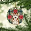 Red and White Siberian Husky Christmas PoinsettIas Ceramic Ornament Christmas Tree Hanging Decorations for Home Christmas Holiday, Party, Gift, 3 in,