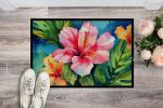 Hawaii Hawaiian Hibiscus in Watercolor Doormat Front Door Mat Indoor Outdoor Rugs for Entryway, Non Slip Washable Low Pile, 24H X 36W