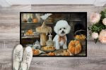 NEW Bichon Frise Fall Kitchen Pumpkins Doormat Front Door Mat Indoor Outdoor Rugs for Entryway, Non Slip Washable Low Pile, 18H X 27W