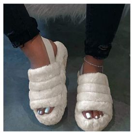 Women Fur Wedge Slippers with Ankle Elastic Band Open Toe Winter Slides Home Slipper Plush Slip-on Fluffy Warm Indoor Slippers Comfortable (Color: Beige, size: 41)