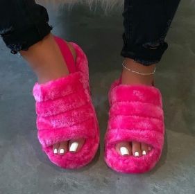 Women Fur Wedge Slippers with Ankle Elastic Band Open Toe Winter Slides Home Slipper Plush Slip-on Fluffy Warm Indoor Slippers Comfortable (Color: pink, size: 36)