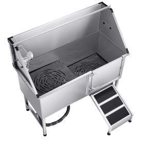 Stainless Steel Dog Washing Station, 62 inch Pet Grooming Tub w/ Ramp, PE Water Filter Board, Faucet & Showerhead & Soap Holder Dog Bathtub for Large (Size/Ramp or Stairs/Door Opening Method: 62 inch/Ramp/Right)