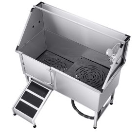 Stainless Steel Dog Washing Station, 62 inch Pet Grooming Tub w/ Ramp, PE Water Filter Board, Faucet & Showerhead & Soap Holder Dog Bathtub for Large (Size/Ramp or Stairs/Door Opening Method: 62 inch/Ramp/Left)