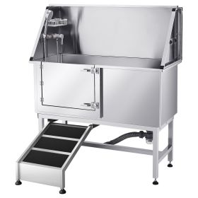 Stainless Steel Dog Washing Station, 50 inch Pet Grooming Tub w/ Ramp, PE Water Filter Board, Faucet & Showerhead & Soap Holder Dog Bathtub for Large (Ramp or Stairs/Door Opening Method: Ramp/Left)