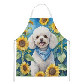 White Poodle in Sunflowers Apron Cooking Kitchen Server Baking Crafts Gardening for Adult Women Men, Unisex, Large, Multicolor (Default: Default)