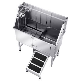 Stainless Steel Dog Washing Station, 50 inch Pet Grooming Tub w/ Ramp, PE Water Filter Board, Faucet & Showerhead & Soap Holder Dog Bathtub for Large (Ramp or Stairs/Door Opening Method: Ramp/Right)